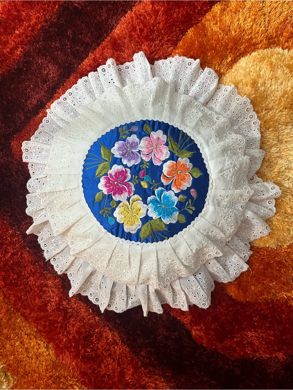 Vintage Blue Floral Embroidered Decorative Pillow with White Eyelet Ruffle